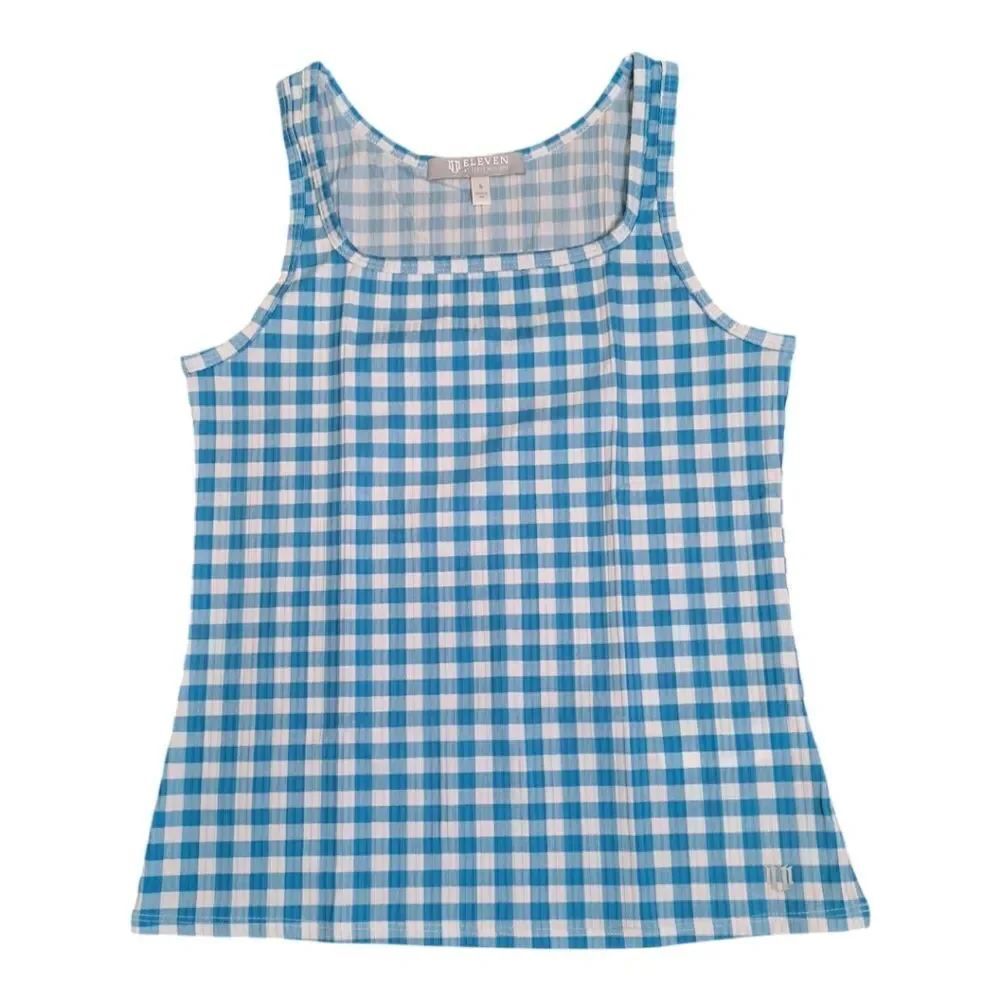EleVen by Venus Williams Blue and White Ginham Sqaure Neck Cross Court T…